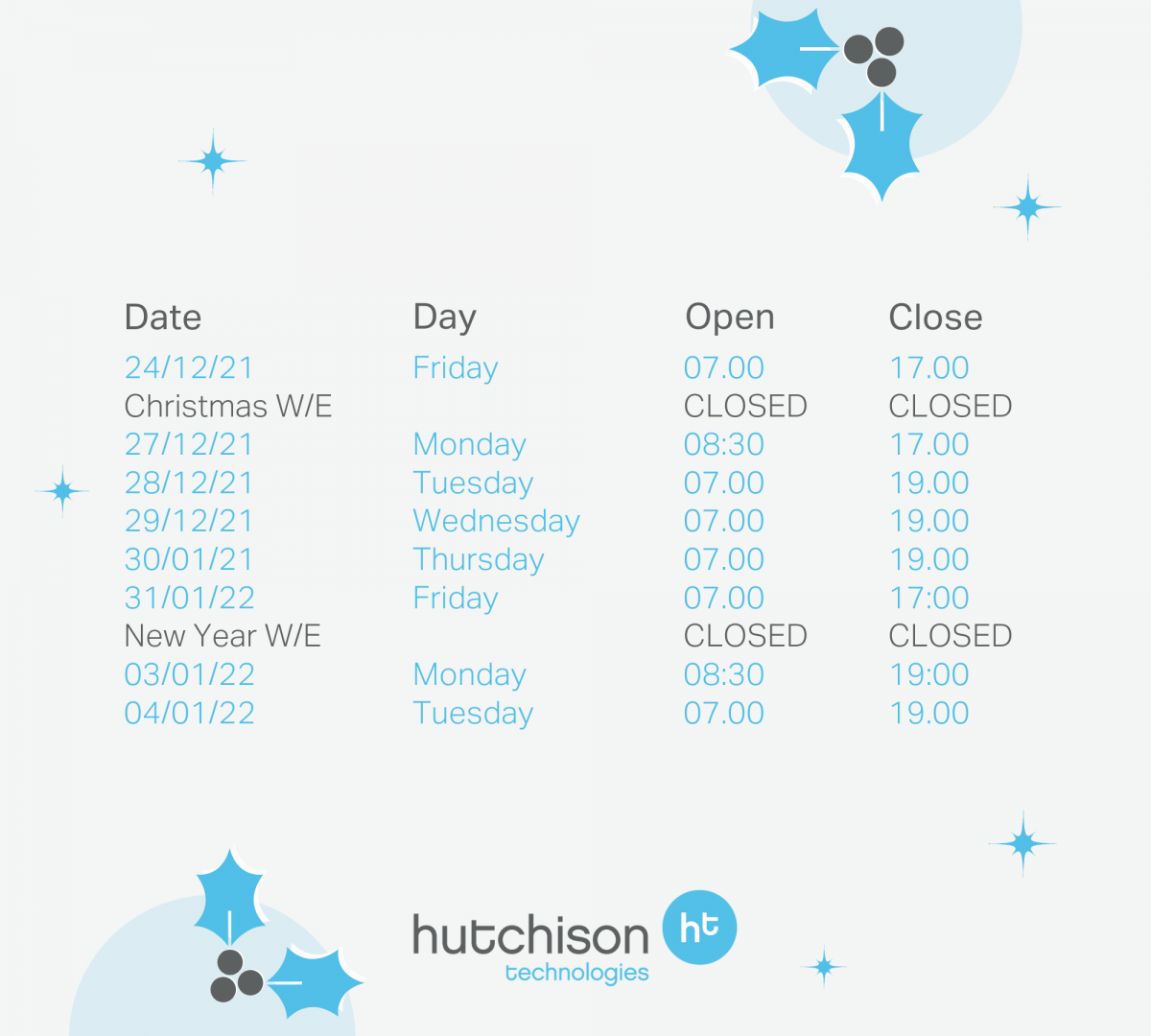 Festive opening hours 2021/22